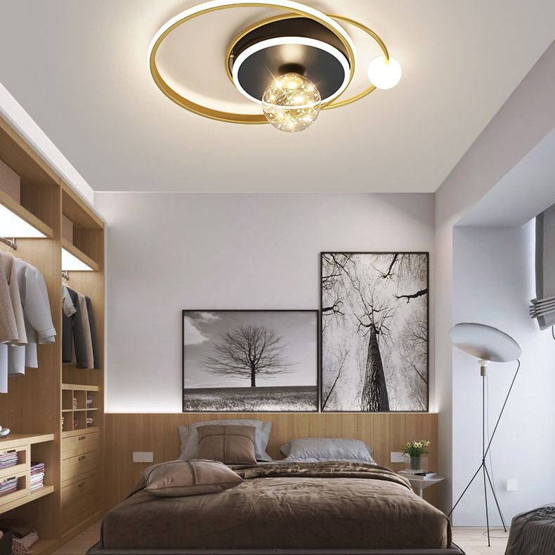 1-Light Black Gold Flush Mount Metal LED Minimalism Ceiling Light Fixture for Bedroom