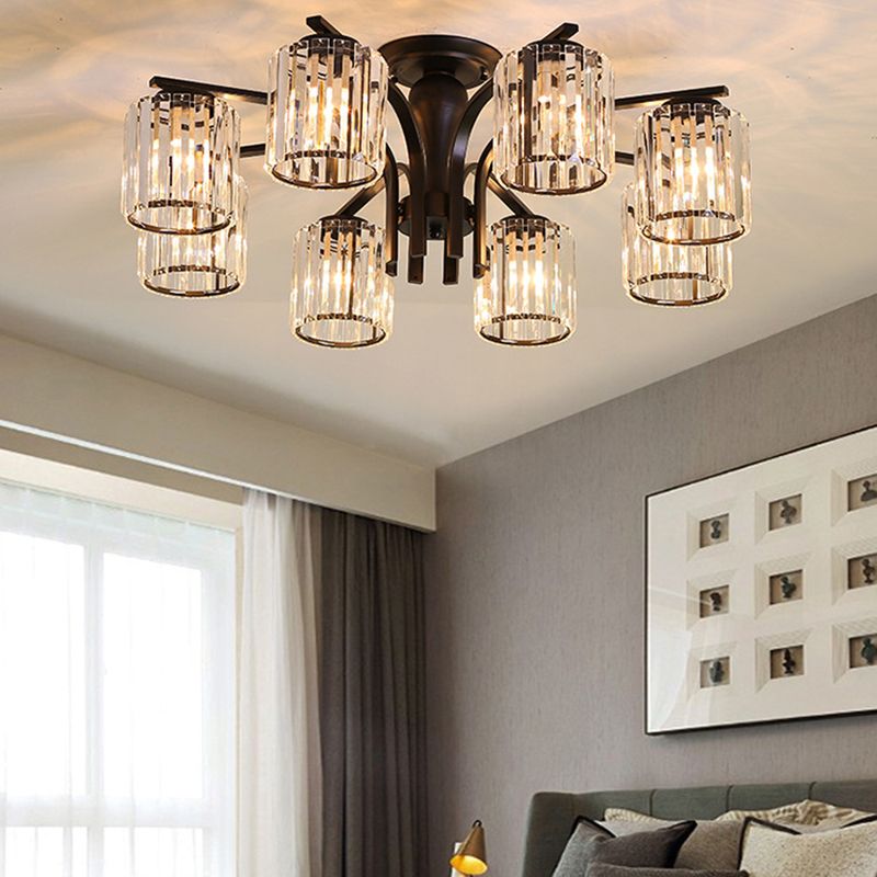 Contemporary Cylinder Flush Light Crystal Flush Mount Ceiling Fixture in Black