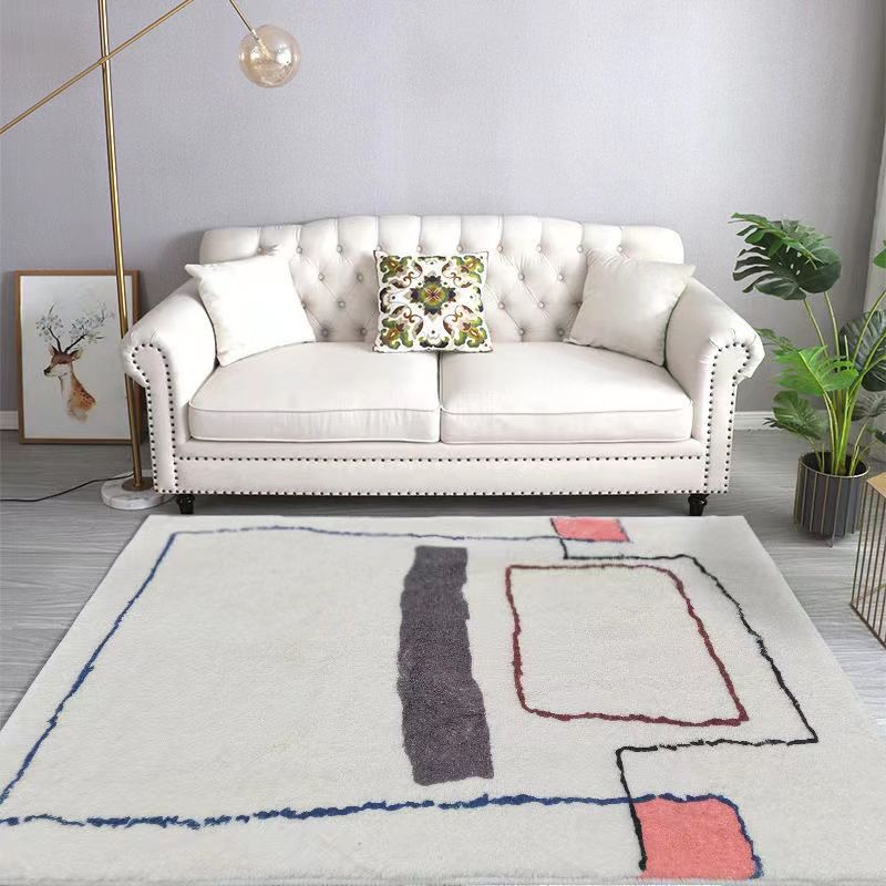 White Modern Rug Polyester Abstract Line Rug Non-Slip Backing Rug for Home Decor