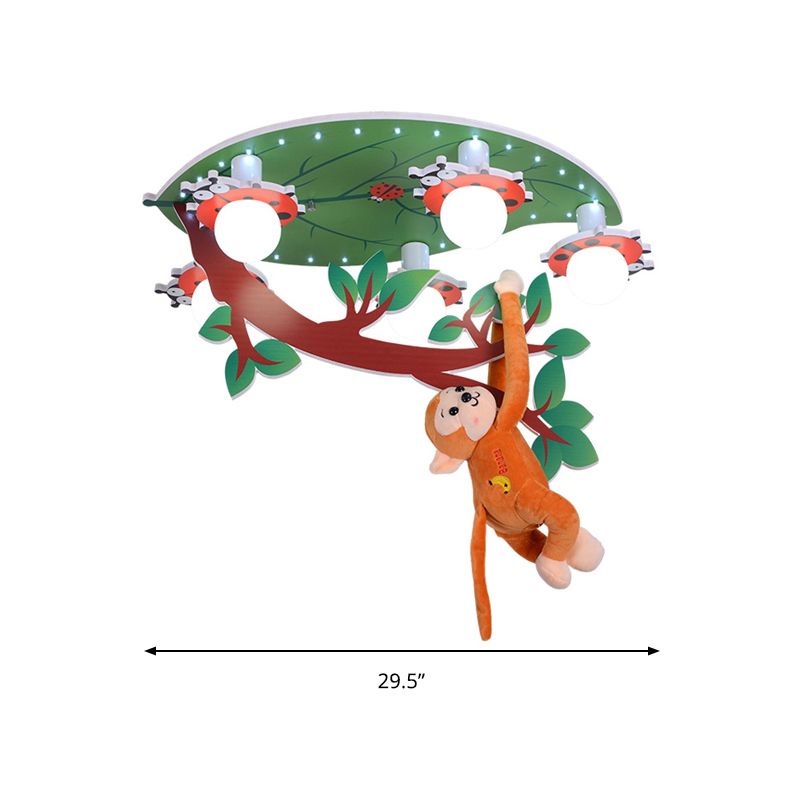 Wood Leaf Branch Ceiling Mount Light with Hanging Monkey Animal Ceiling Lamp in Green for Baby Room