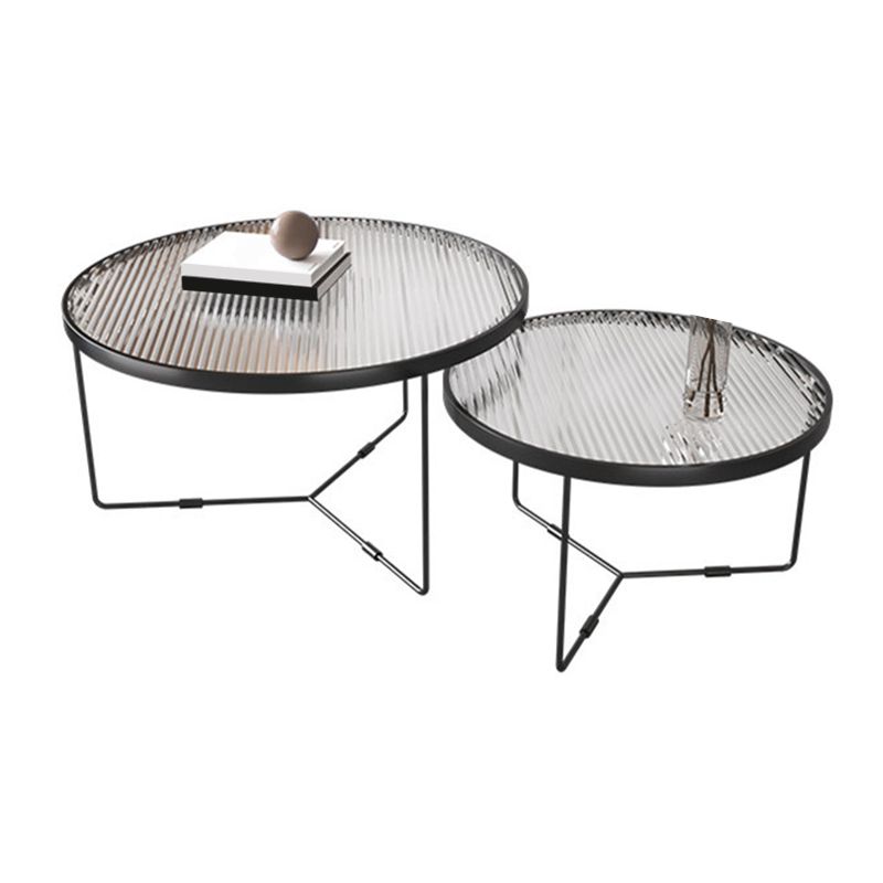 Contemporary Round Glass Top Metal Cross Legs Nesting Coffee Table