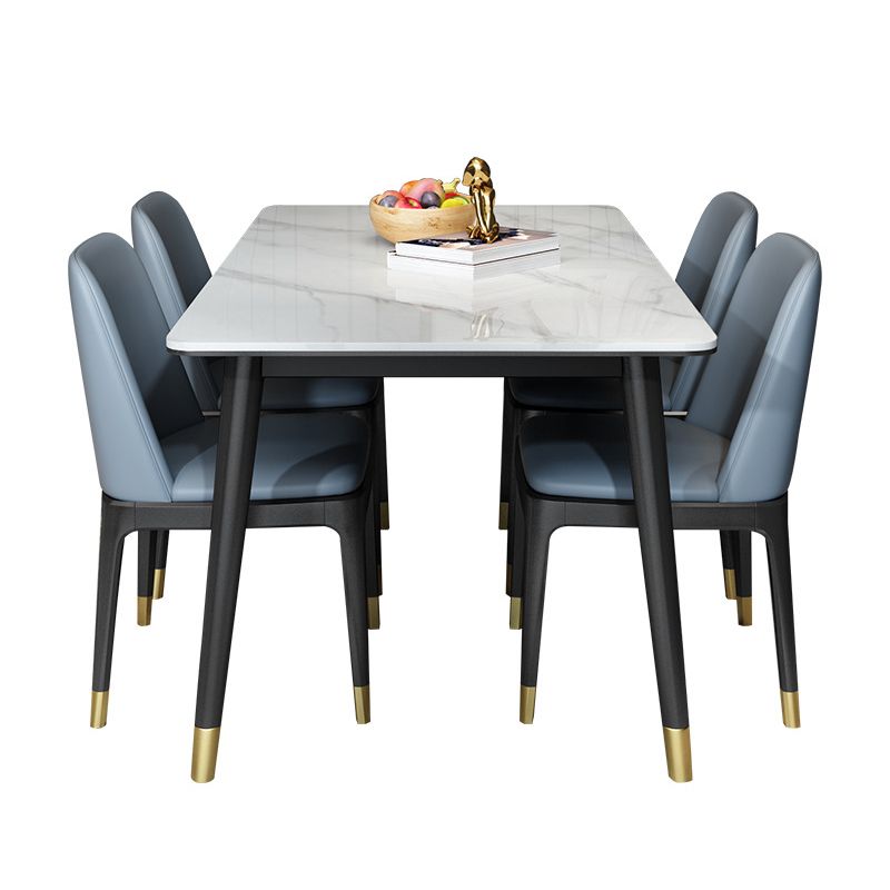 Stone Top Dining Table Modern Rectangle Table with 4 Metal Legs in Black