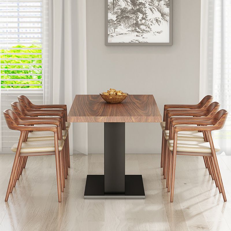 Brown Walnut Top Dining Table Modern Rectangle Black Metal Pedestal Table