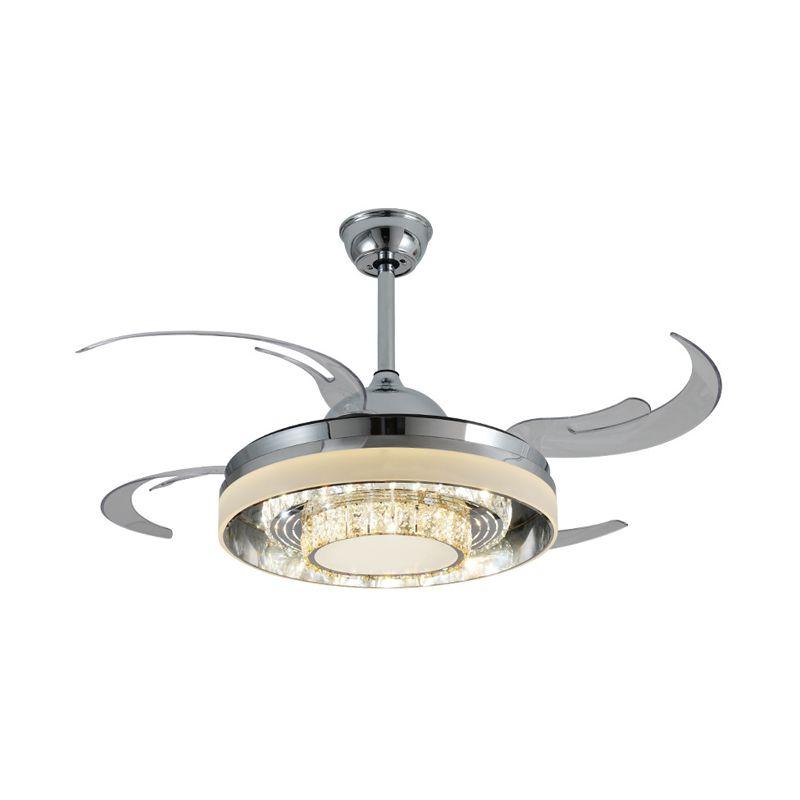 Moderniste de la lampe à fans en acrylique rond LED 42 "W Living Room Semi Mount Éclairage en argent avec accent en cristal, 4 lames transparentes