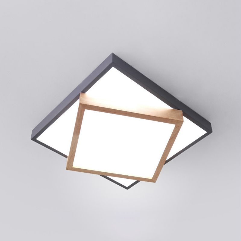 White/Grey 2-Tier Square Flush Lamp Modernism Wood LED Ceiling Flush Mount Light for Living Room in White/Warm Light
