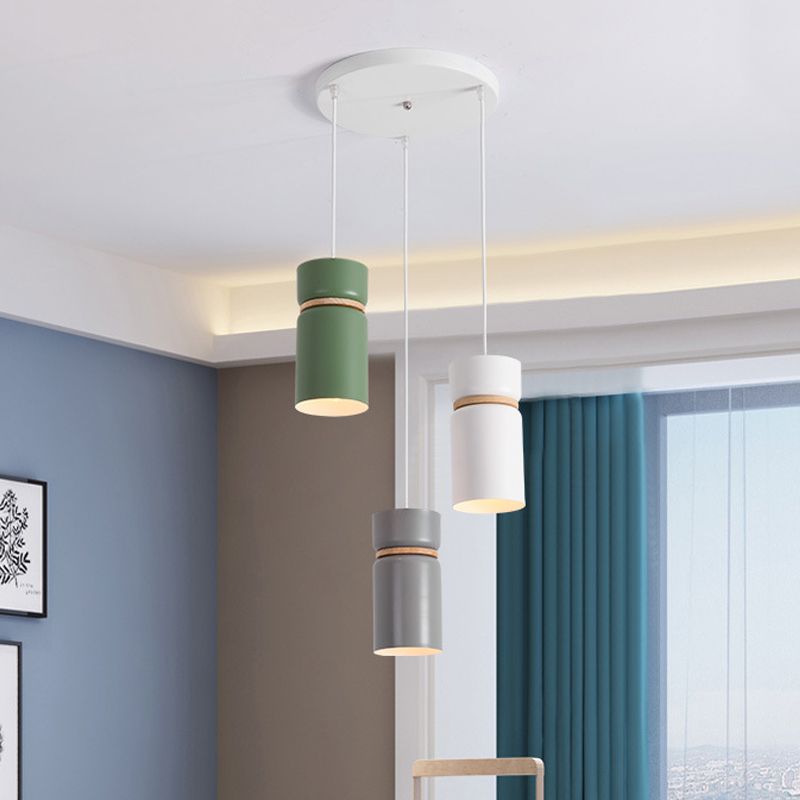 Macaron 3 Light Cluster Pendant Metallic White-Grey-Green Tube Hanging Light with Wood Band