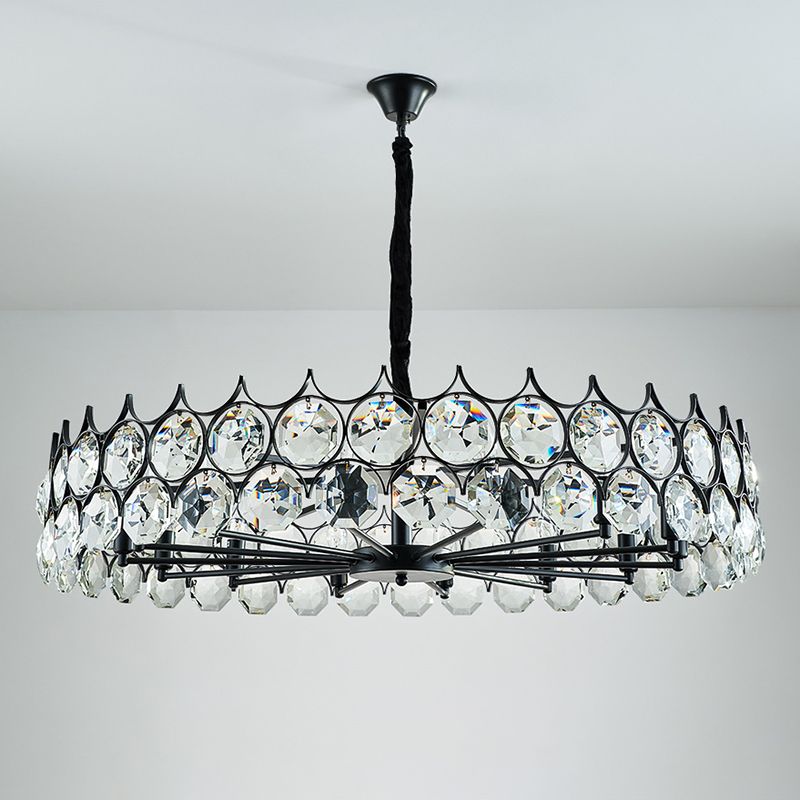 Black Circle Pendant Chandelier Country Clear Crystal Living Room Suspension Light with Sputnik Design