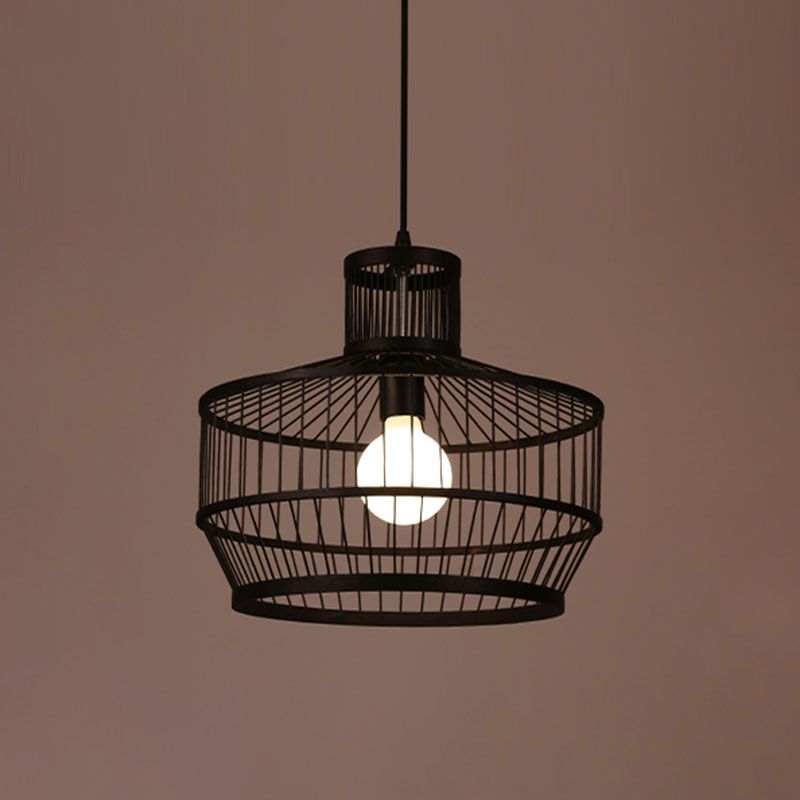 Bamboo Cage Style Pendant Lighting Chinese 1-Light Black Ceiling Suspension Lamp