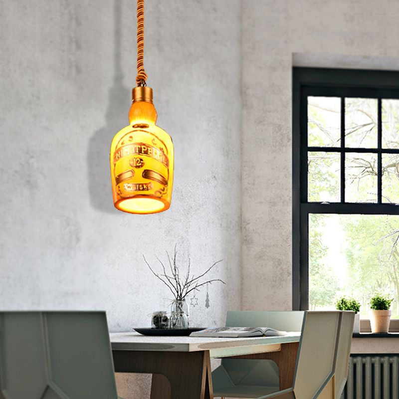Resin Red/Yellow Drop Pendant Wine Bottle 1 Light Industrial Style Hanging Lamp Kit for Restaurant