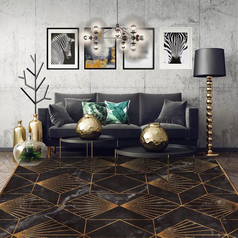 Black and Golden Modern Rug Polyester Geometric Print Rug Washable Non-Slip Backing Carpet for Living Room