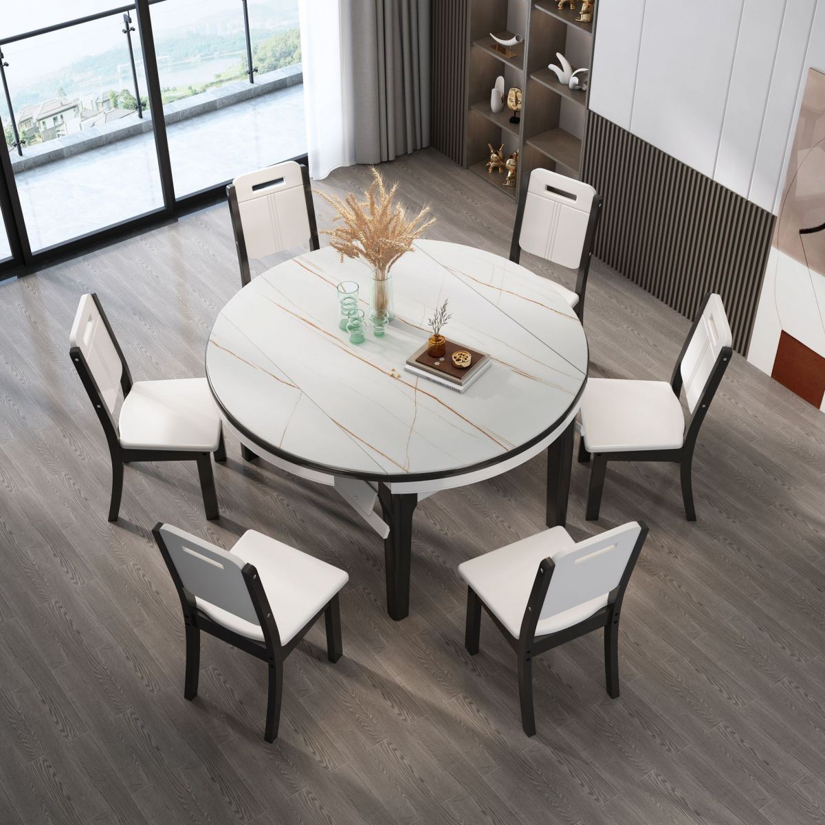 7 Pcs Modern Dining Room Set with Round Table and 4 Legs Base Dining Set with Armless Chairs