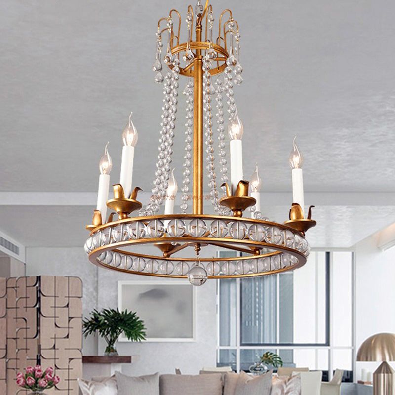 Candle Style Living Room Chandelier Antique Clear Crystal 6 Heads Ceiling Hang Light