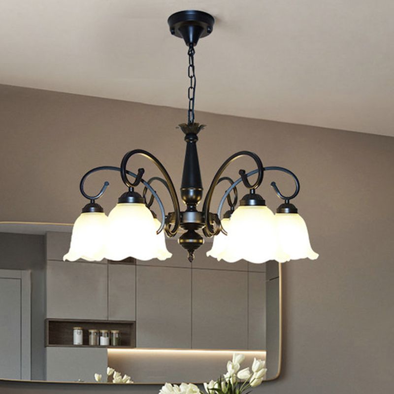 Ruffle Glass Floral Shade Chandelier Pendant Light Vintage Dining Room Hanging Light in Black