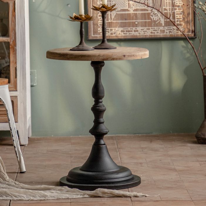 Wood Round Top Side Table Distressed Iron Pedestal End Table