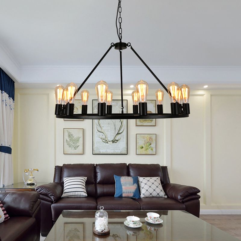 Industrial Circle Hanging Ceiling Lights Black Metal Pendant Chandelier for Dining Room