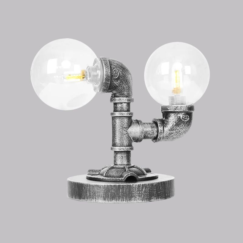 Tarea de sombra redonda de vidrio transparente/ámbar iluminación vintage estilo 2 luces lámpara de escritorio de cafetería en plata antigua/bronce