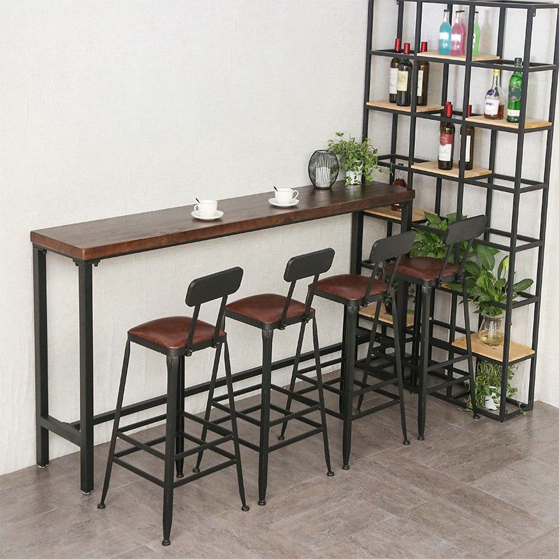 Industrial Brown Pub Table Rectangle Solid Wood Bar Height Table with Trestle Base