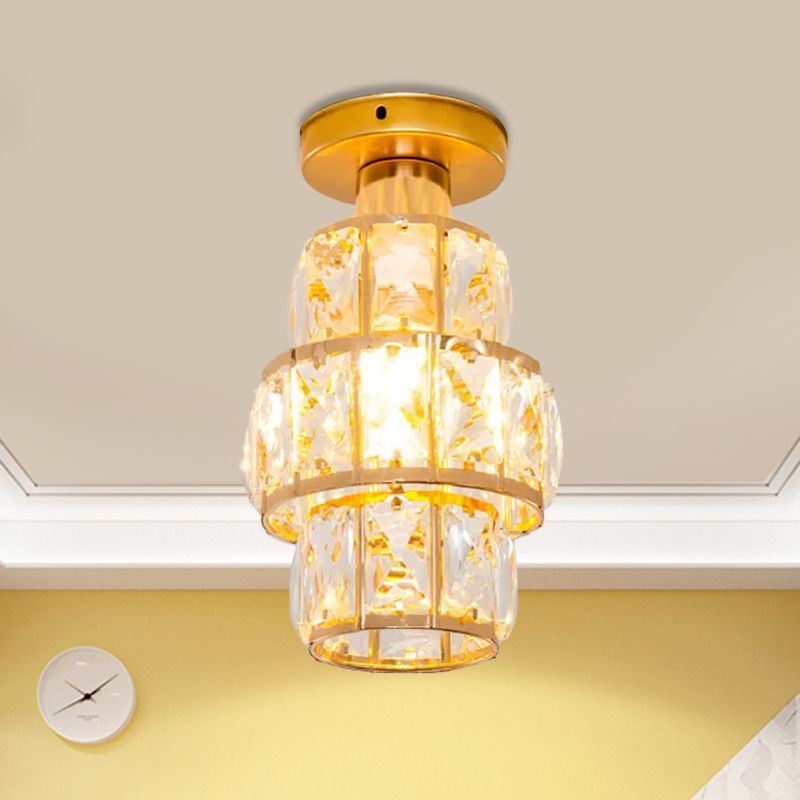 Single Beveled Crystal Inlaid Flush Light Traditional Gold Cylindrical Foyer Semi Flush Mounted Lamp