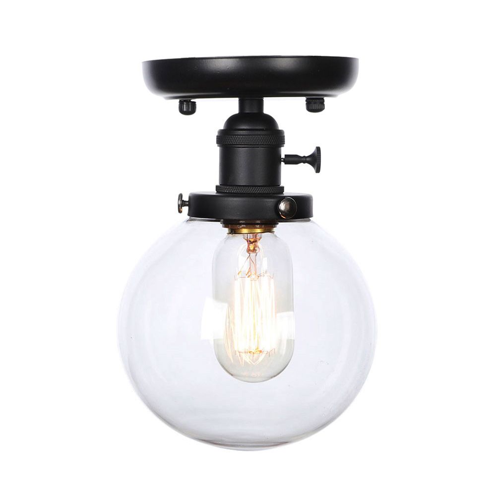 Black 1 Light Ceiling Mount Clear/Amber Glass Industrial Round/Globe Semi Flush Light for Kitchen