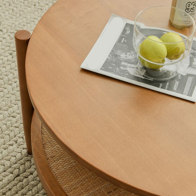 Round Glass/ Wood Top Coffee Table 4 Legs Cocktail Table with Shelf