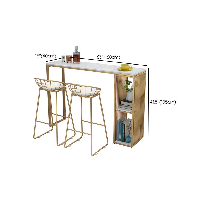 Gold Base Pub Table Faux Marble and White Bar Table with 2 Shelves