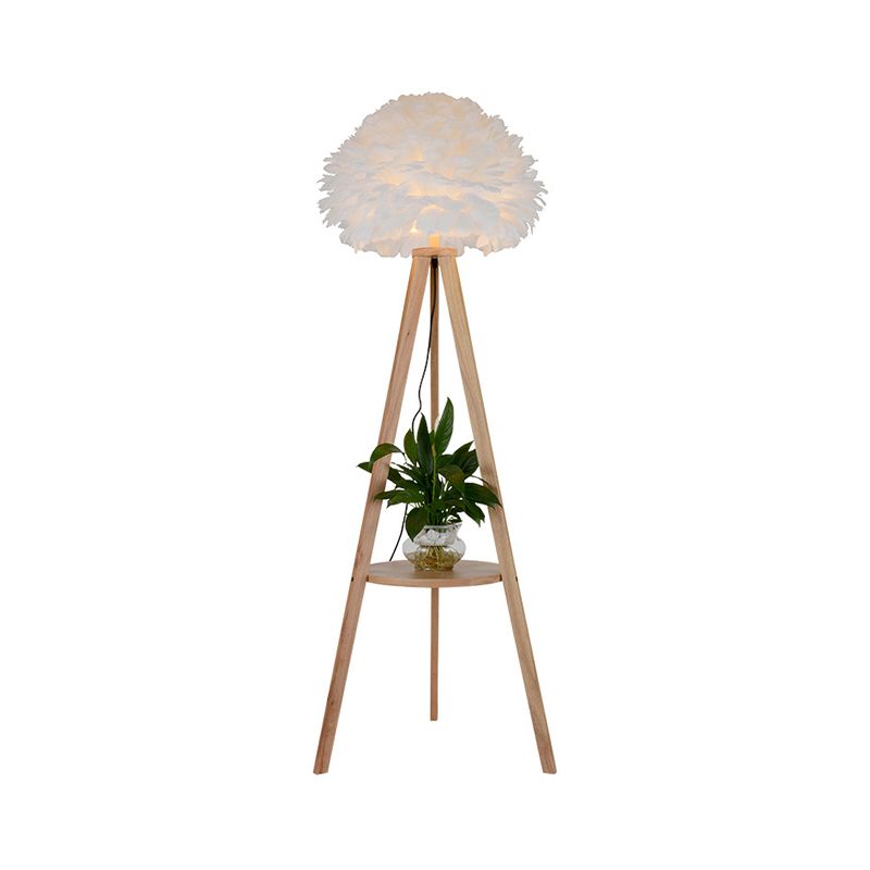 Holzregal -Stehlampe Nordic 1 Glühbirnenstativ stehende Bodenlicht mit Kuppelfedernschatten in Grau/Weiß