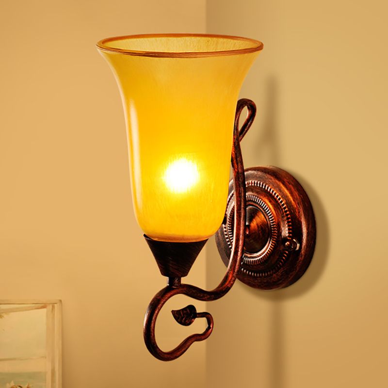 Bell Shade Indoor Wall Light Yellow Glass and Metal 1 Light Traditional Style Wall Lamp Fixture in Copper Finish