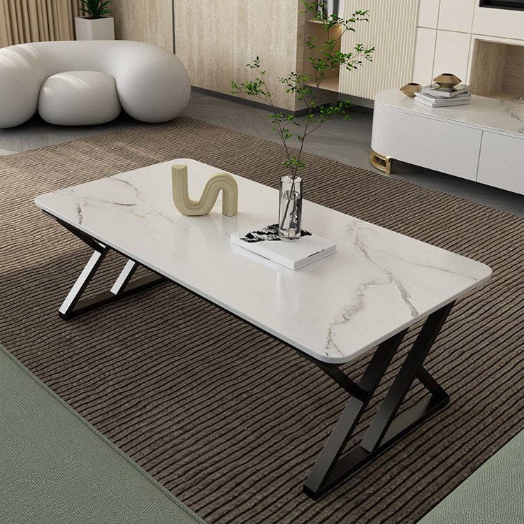 Rectangle Stone Top Coffee Table with Iron Sled Base Cocktail Table