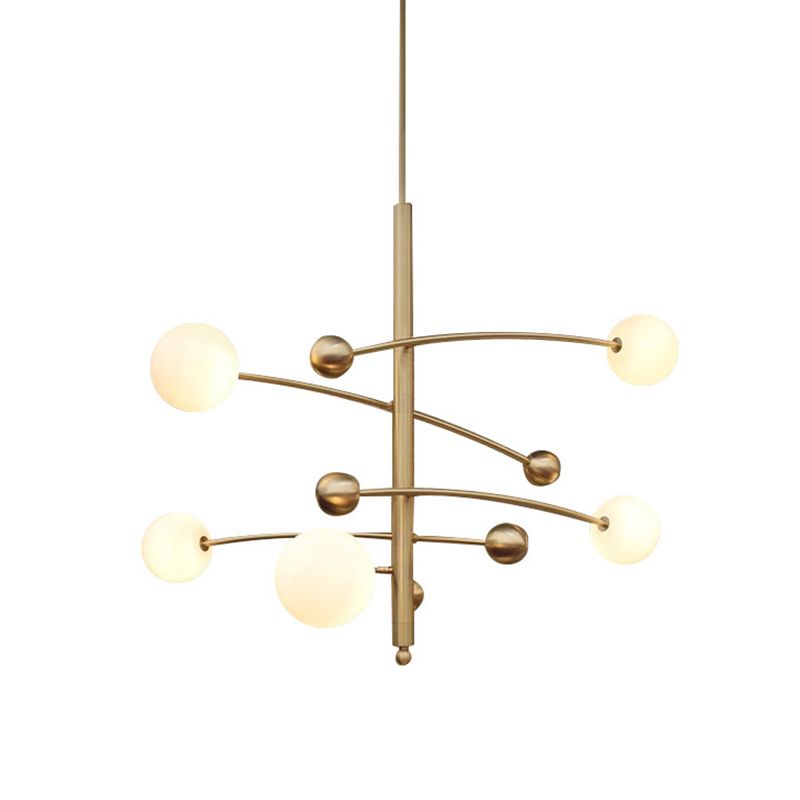 Post-Modern Hanging Chandelier Light Opal Glass Shade 5 Light Ceiling Chandelier in Gold for Bedroom