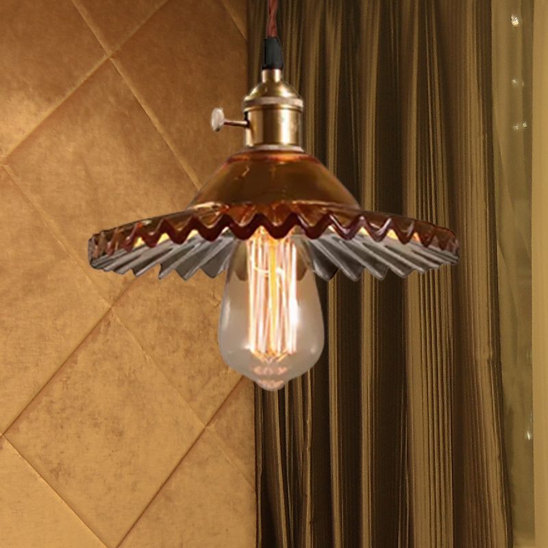 Brass 1-Light Hanging Ceiling Light Industrial Black/White/Green Glass Scalloped Pendant Lighting for Dining Room