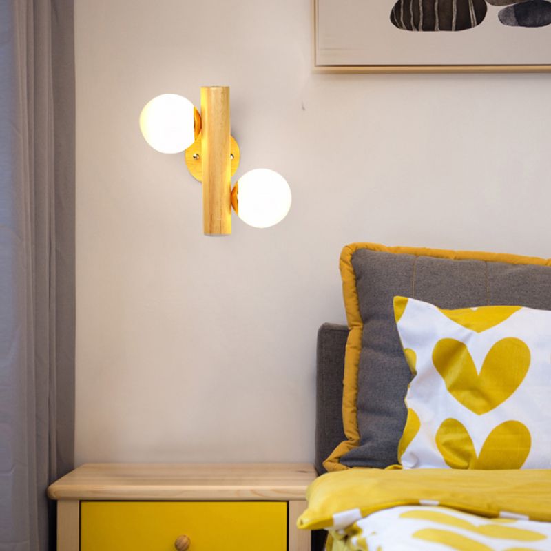 Modern Style Ball Shade Wall Light Wood 2 Lights Sconces for Bedroom