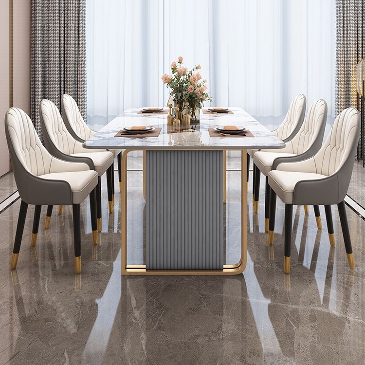 Modern Sintered Stone Table Set for 4/6 with Rectangle Table Dining Set with Gold Double Pedestal