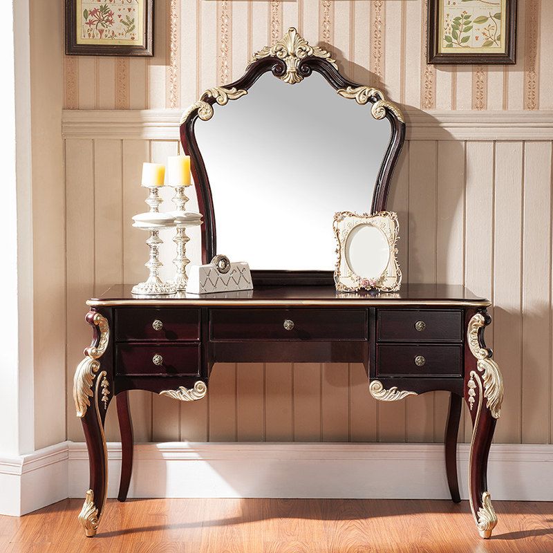 Brown Makeup Counter with Mirror 19.68" Wide Wood Vanity Tables with 5 Drawers