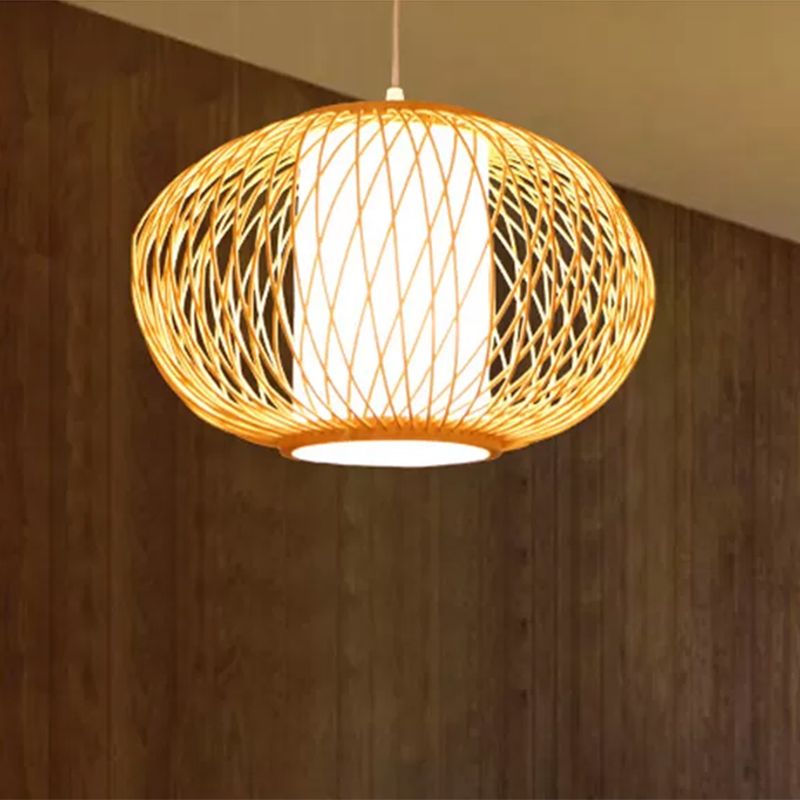 Beige Hand-Knitted Hanging Lighting with Drum Shade Modernism 10"/16" W 1 Bulb Bamboo Ceiling Lamp for Dining Room