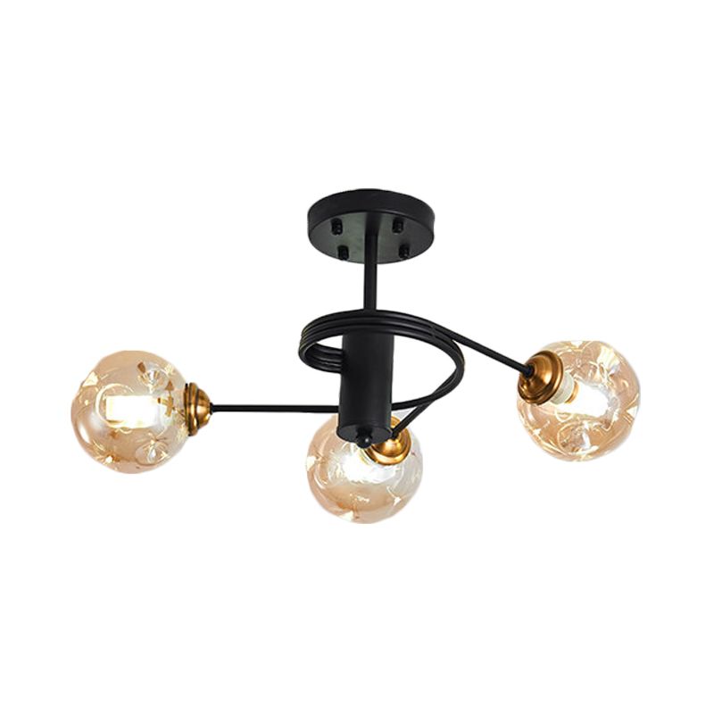 3/5 Lights Living Room Semi Flush with Ball Amber/Smoke Dimpled Blown Glass Shade Modernist Black Semi Flush Ceiling Light