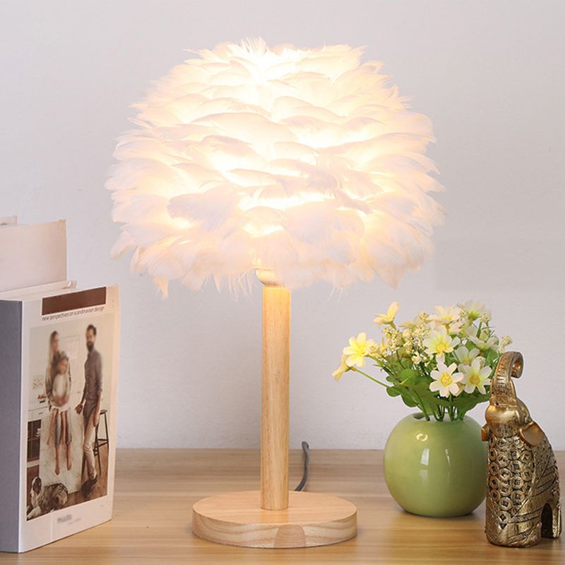 Dome Nightstand Light Nordic Feather Single Bedside Table Lamp in Pink/White/Grey with Wood Pole
