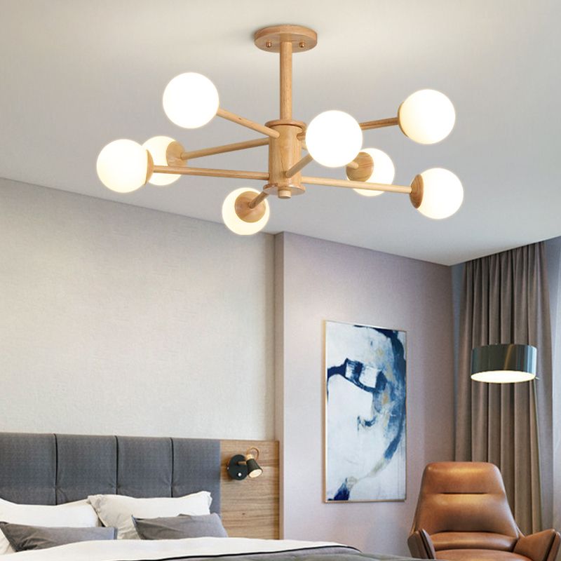 Modern Simplicity Globe Chandelier Wooden Indoor Pendant Light with White Glass Shade