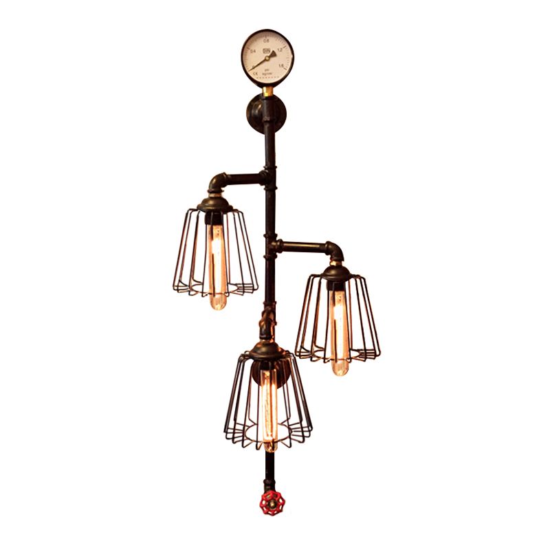 3 Lights Tapered Cage Wall Lamp with Pipe and Gauge Industrial Style Black Metal Wall Light Sconce for Restaurant