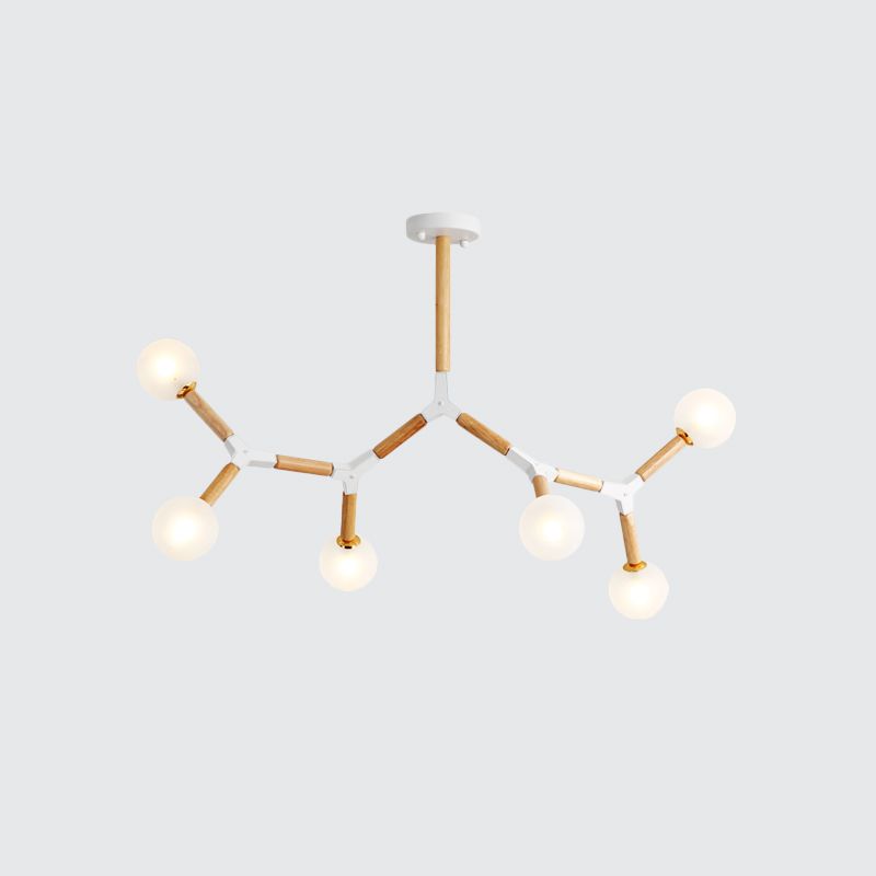 Accensione del lampadario di ramo semplice legno 6 luci kit lampada sospesa beige con sfera glassata in vetro