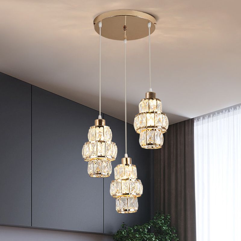 3 Layers Crystal Prisms Hanging Light Fixture Modern 3 Lights Gold Cluster Pendant