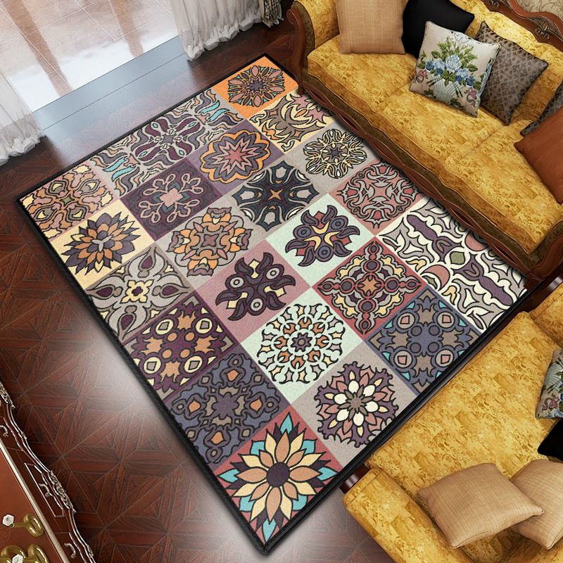 Purple Antique Rug Polyester Flower Area Rug Washable Rug for Drawing Room