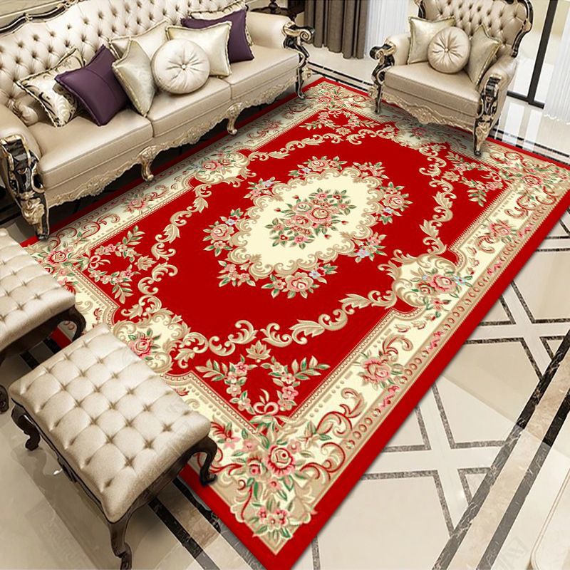 Red Retro Carpet Polyester Flower Carpet Washable Carpet for Home Decoration