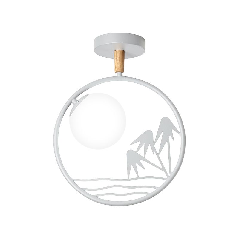 Iron Loop Semi Mount Lighting Macaron 1 Light White/Grey/Green Finish Ceiling Flush with Ball Opal Glass Shade