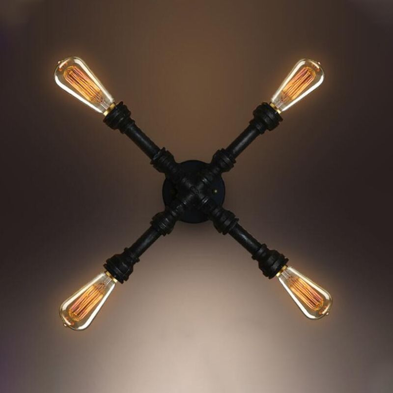 4 Lampen x -förmige Wandbeleuchtung mit Wasserrohr industriell schwarzes Finish Schmiedeeisenleuchte