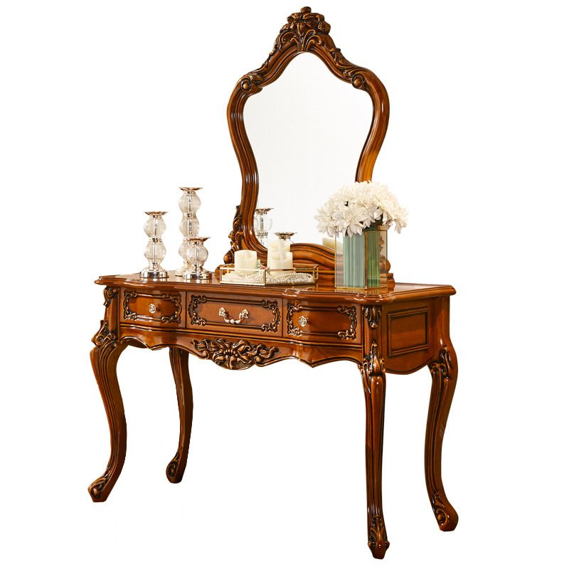 17.71" Wide Brown Vanity Set with Mirror Wood Vanity Tables with 3 Storage Drawers