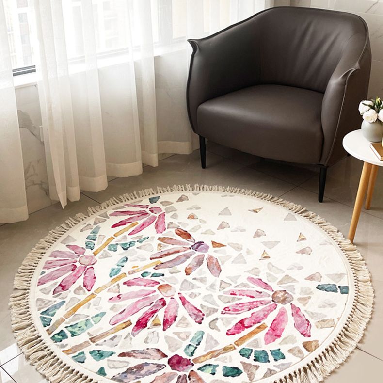 Round White Tone Modern Indoor Rug Polyester Floral Print Rug Non-Slip Backing Indoor Rug for Living Room