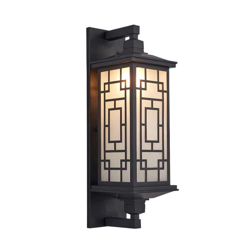 Black 1 Head Wall Sconce Lighting Country Opal Glass Cuboid Wall Lamp with Curved/Rectangle Pattern