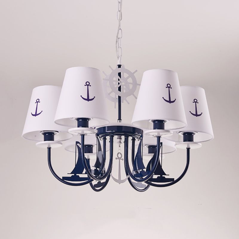 Tapered Chandelier Pendant Light Minimalist Fabric Kindergarten Hanging Light with Anchor Pattern in White