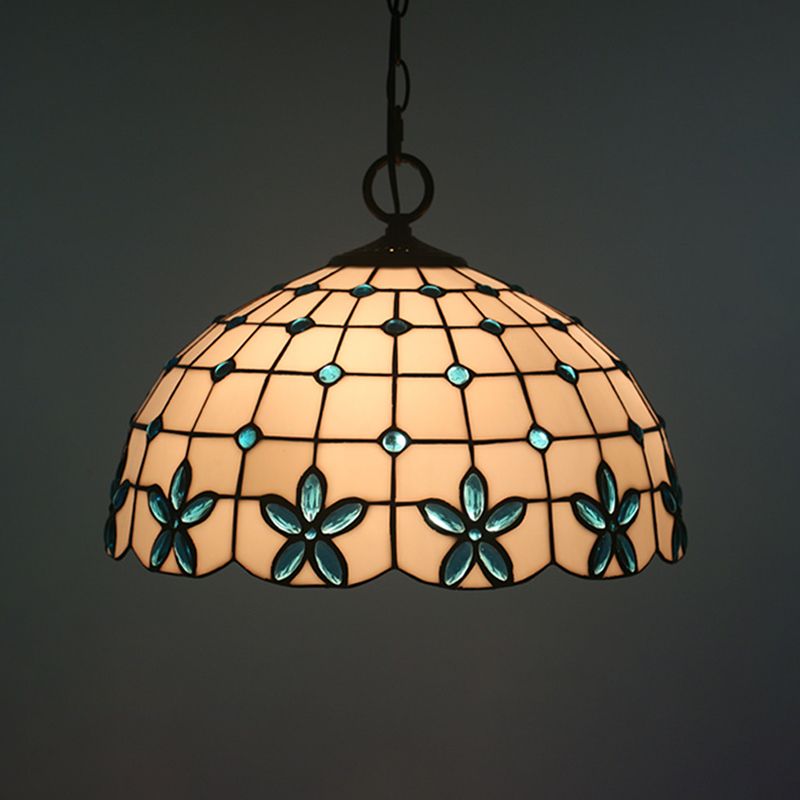 1-Head Hanging Light Kit Tiffany Lattice Bowl White Glass Jeweled Flower Pendant Lighting for Dining Room