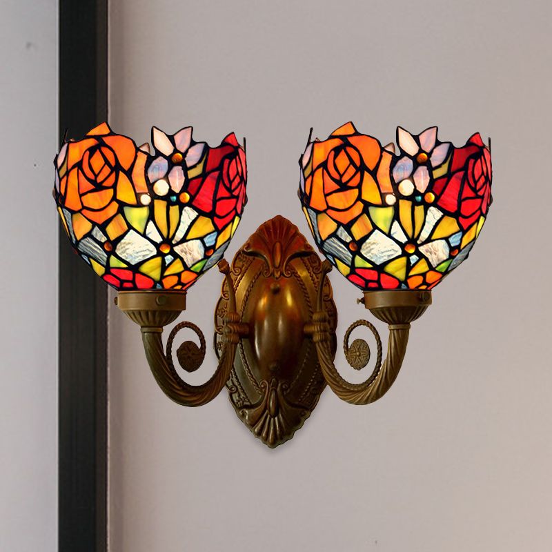 2 Lights Wall Sconce Light Tiffany Rose Patterned Stained Glass Wall Lamp in Bronze with Bowl Shade